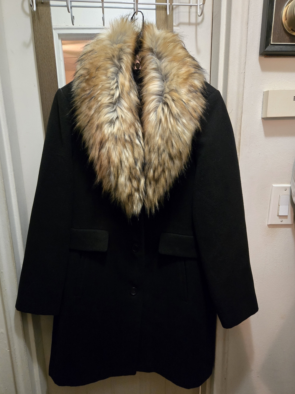 Worthington Black Dress Coat with Faux Fur Trim
